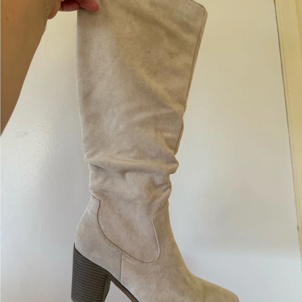 Cream Suede Knee-High Block Heel Boots - Picture 4 of 4